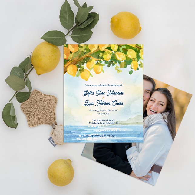 Medelhavet Kust Foto Citron Bröllopsinbjudan (Mediterranean Lemon Grove Watercolor Wedding Invitation with Photo Back | Coastal Amalfi Theme)