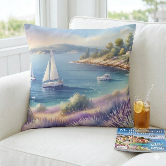 Medelhavet Lavender Kusten med segelbåtar Kudde (Mediterranean Lavender Coast with Sailboats Throw Pillow Mockup A)