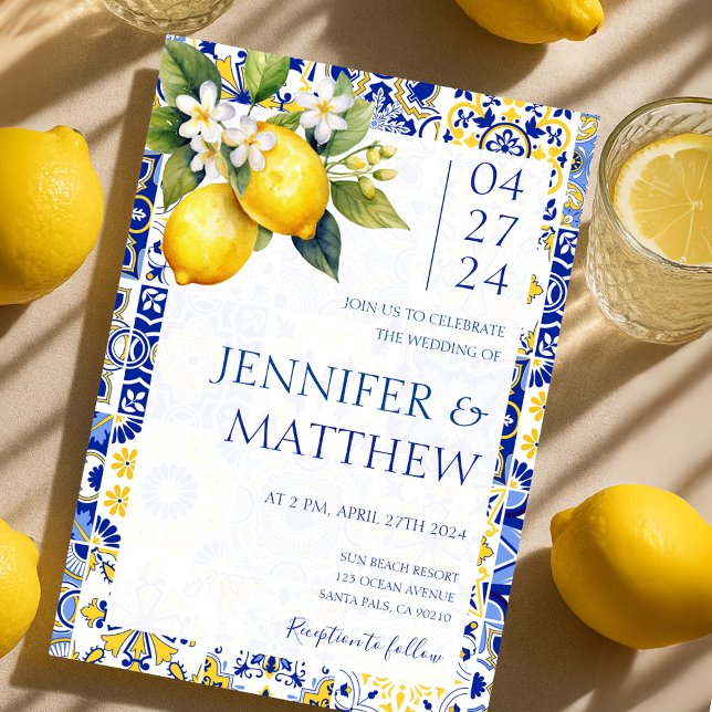 Medelhavet, Lemon Blue Tiles Bröllop, Italien Inbjudningar (Mediterranean Lemon Blue Tiles Italian Wedding Invitation)