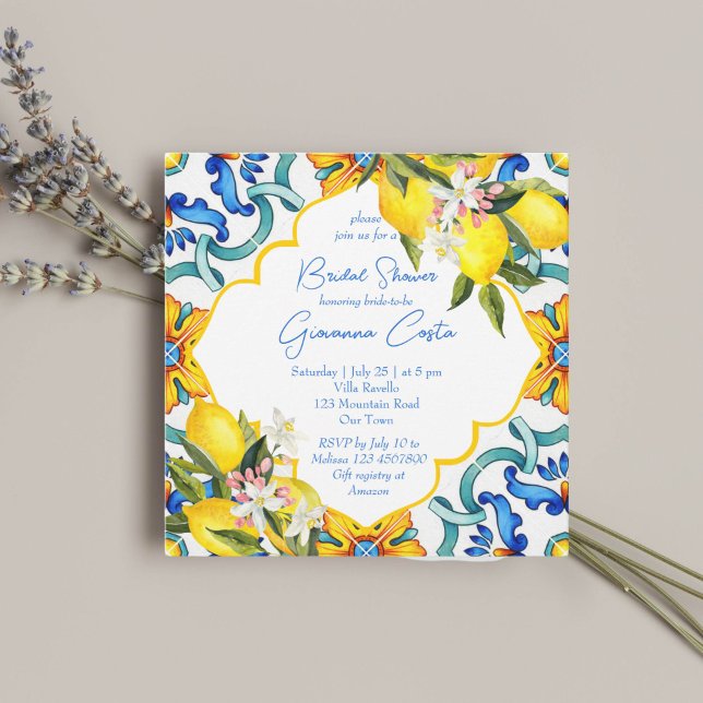 Medelhavet Majolica-kakel citroner bröllopsdusch Inbjudningar (Mediterranean Majolica blue yellow tiles lemons bridal shower Invitation template instant download)