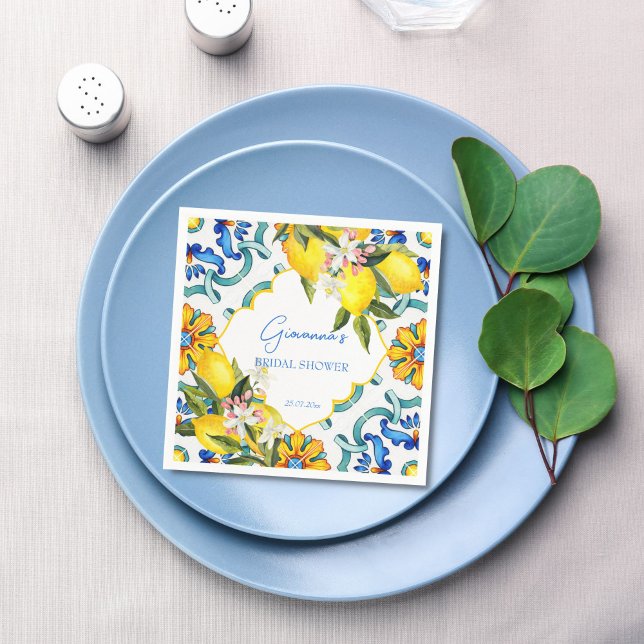 Medelhavet Majolica-kakel lemoner bröllopsdusch Pappersservett (Mediterranean Majolica blue tiles lemons bridal shower personalized printed Napkins table decor)