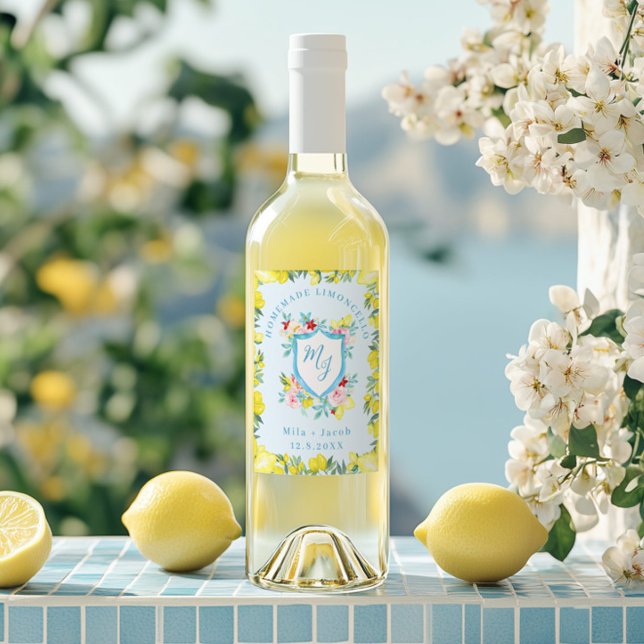 Medelhavet Monogram Vapensköld Bröllop Limoncello Vinflaska Etikett (Skapare uppladdad)