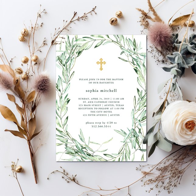 Medelhavet Olive Grenar | Baptism i vattenfärg Inbjudningar (Skapare uppladdad)