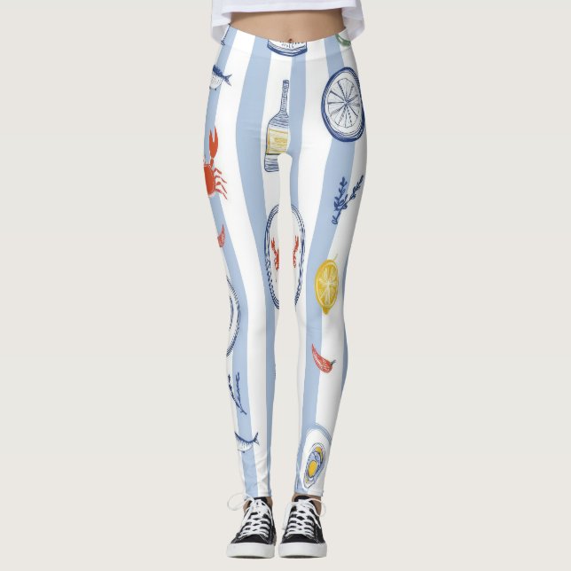 Medelhavet Sardiner Blå Randigt Mönster Leggings (Framsida)