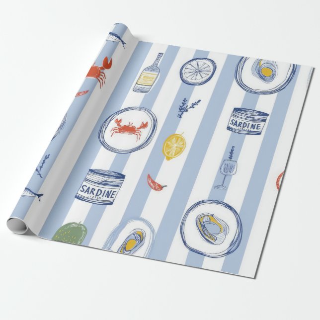 Medelhavet Sardiner Blå Randigt Mönster Presentpapper (Utrullad)