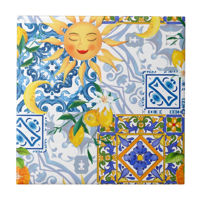 Medelhavet sol,blommor,citron,halva måne, kakelplatta (Framsidan)