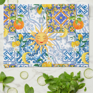 Medelhavet sol,blommor,citron,halva måne, kökshandduk
