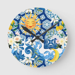 Medelhavet sol,blommor,citron,halva måne, rund klocka