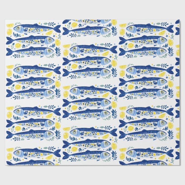 Medelhavet Sommar Blå och Gula Sardiner Presentpapper (Platt)