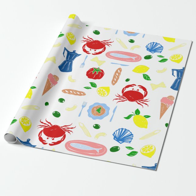 medelhavet strandpicknick skaldjur krabba presentpapper (Utrullad)