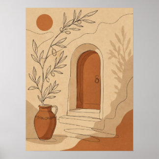 Medelhavet Terrakotta Båge Dörr och Oliv Gren Poster