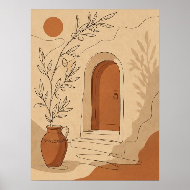 Medelhavet Terrakotta Båge Dörr och Oliv Gren Poster (Framsidan)