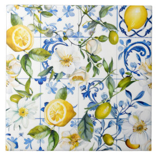 Medelhavet Vattenfärg Blått Mönster och Citrus Kakelplatta