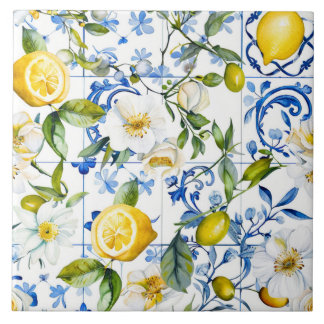 Medelhavet Vattenfärg Blått Mönster och Citrus Kakelplatta