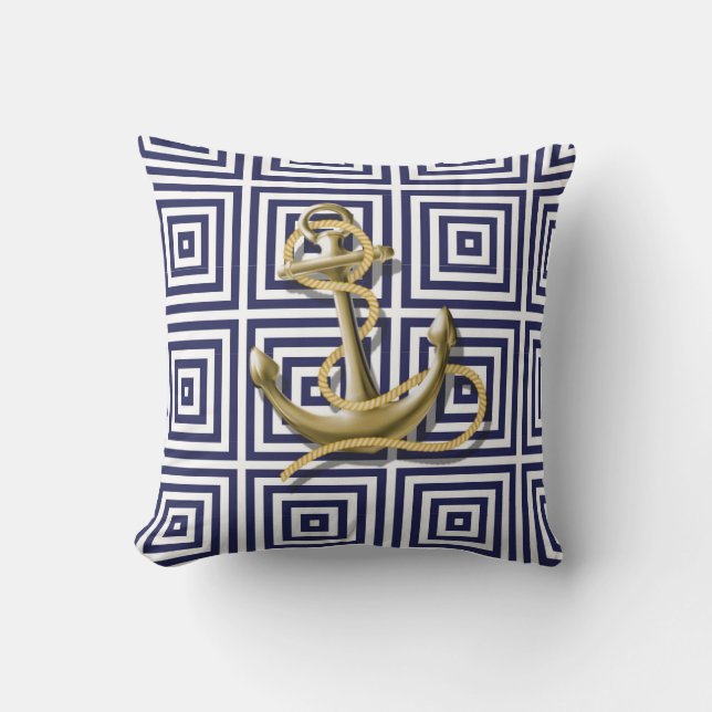 Medelhavets blå grekiska Mönster Nautical Anchor Kudde (Framsida)