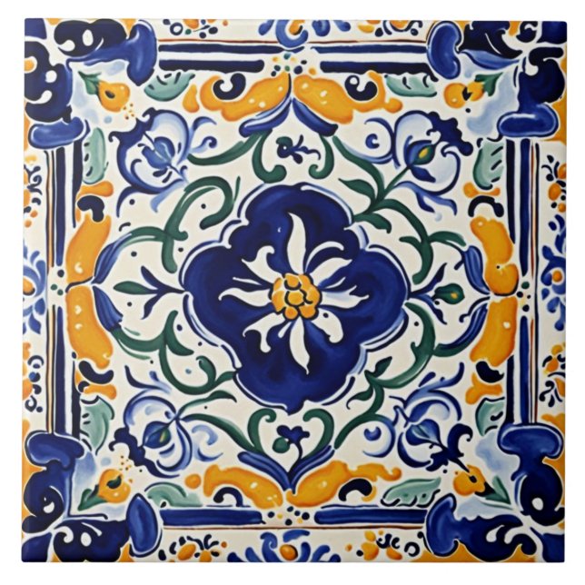 Medelhavets blå Gult Blommigt Blå portugisiska Kakelplatta (Framsidan)