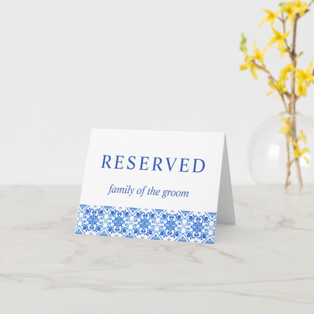 Medelhavets blå plattor bröllop reserverat tecken kort (Gul blomma)