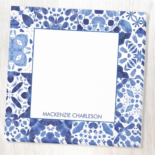 Medelhavets blå vita del Mönster Personlig Post-it Block (Indigo blue and white Mediterranean ceramic tile pattern personalized custom name Post-It notes)