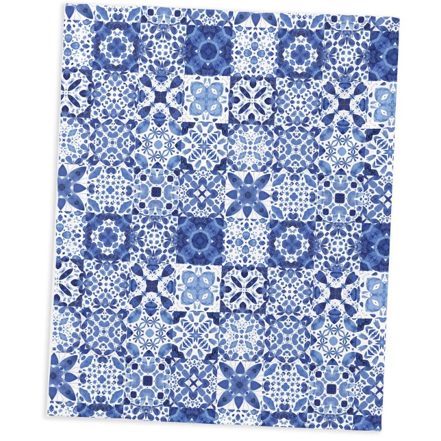 Medelhavets blå vita panel Mönster Fleecefilt (Blue and white watercolor 
Mediterranean tile pattern fleece blanket)
