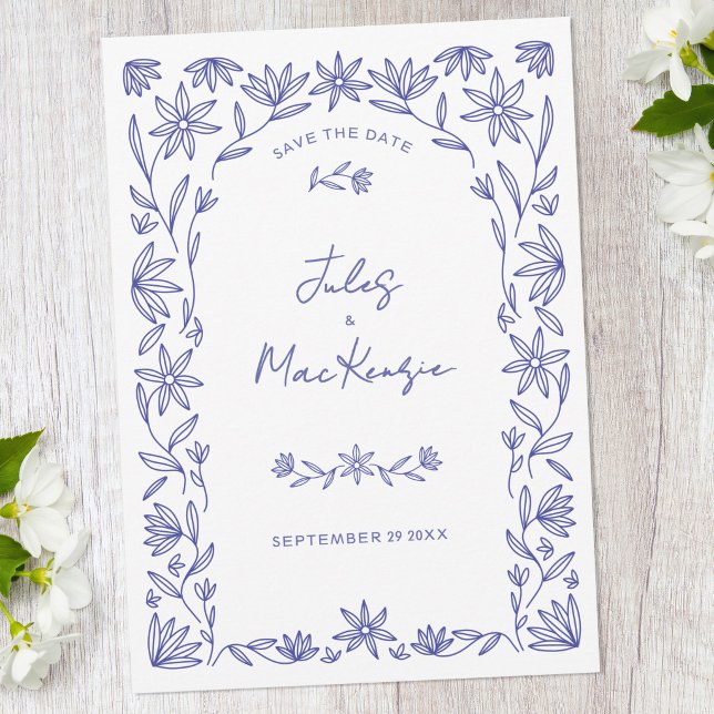 Medelhavets blåa vilda blommor Konst Spara datum Inbjudningar (Mediterranean blue and white line art wildflower Save the Date wedding announcement invitation)