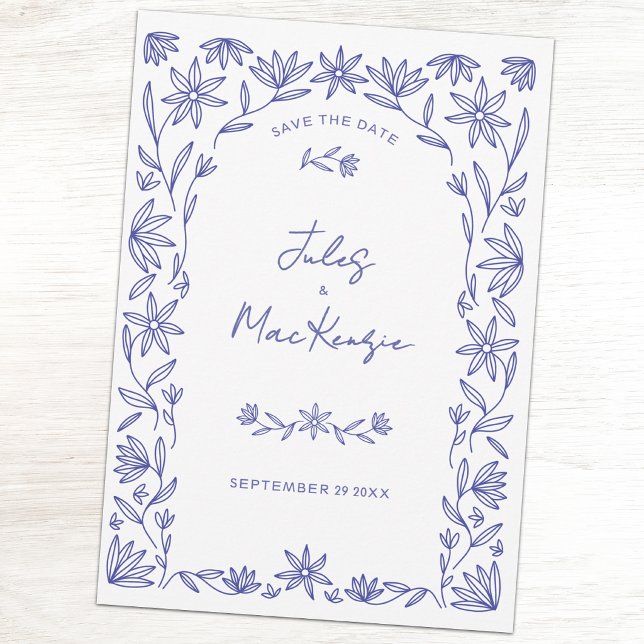 Medelhavets blåa vilda blommor Konst Spara datum Inbjudningar (Mediterranean blue and white line art wildflower Save the Date wedding announcement invitation)