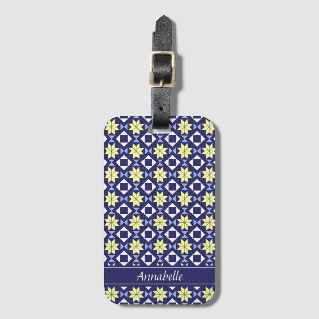 Medelhavets Gult Blue Blommigt Tile Mönster Namn Bagagebricka (Framsida vertikal)