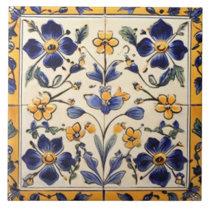Medelhavets Gult och marinblå blomma Blommigt Kakelplatta