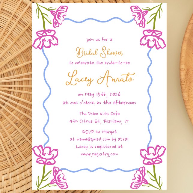 Medelhavets Hand plockade-vimatiska Möhippa Inbjudningar (Bougainvillea blooms & citrus vibes make this chic bridal shower invitation a Mediterranean dream!)