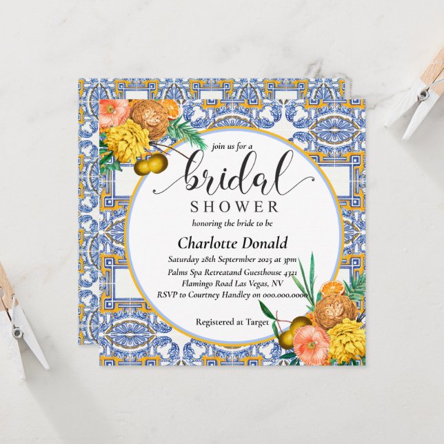 Medelhavets Italien Blue Tiles Möhippa Inbjudningar (Fram/Back In Situ)