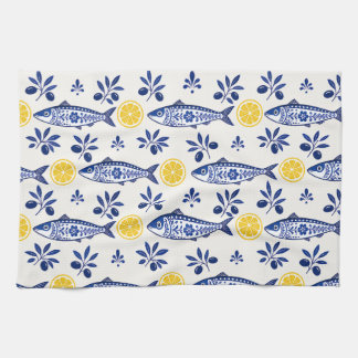 Medelhavets kökshanddukar, citron, oliv & fisk kökshandduk