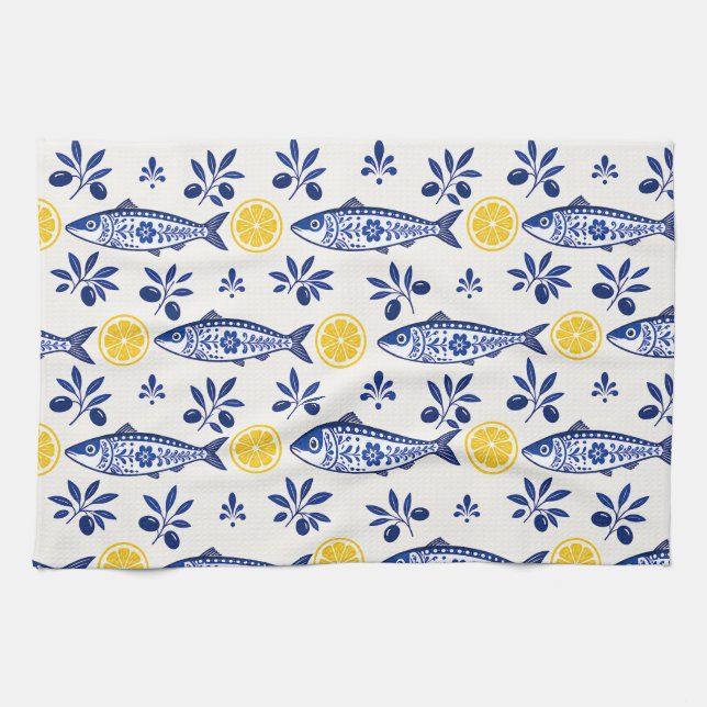Medelhavets kökshanddukar, citron, oliv & fisk  kökshandduk (Horisontell)