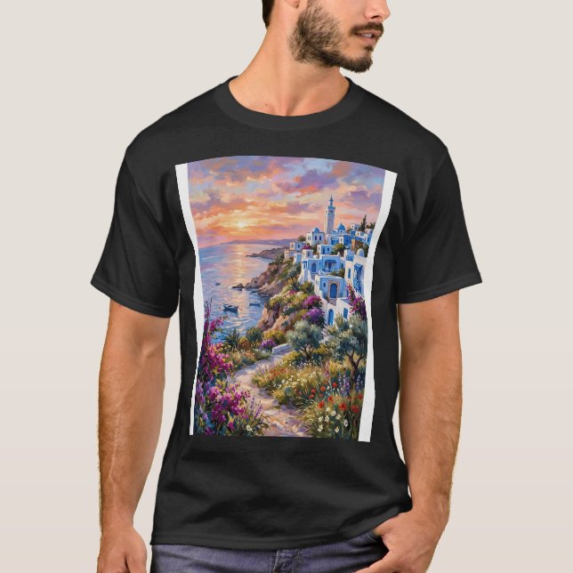 Medelhavets kustby vid solnedgång. Impasto m T Shirt (Framsida)