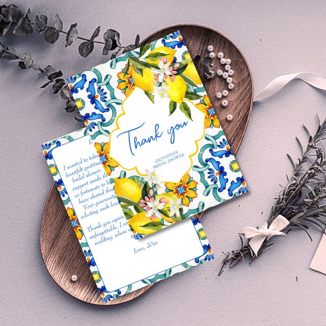 Medelhavets Majolica-kakel citroner bröllopsdusch Tack Kort (Mediterranean Majolica Italian blue tiles lemons bridal shower Thank You Card Sicilian bridal shower)