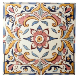 Medelhavets Rosa Gult Blue Flower Blommigt Kakelplatta