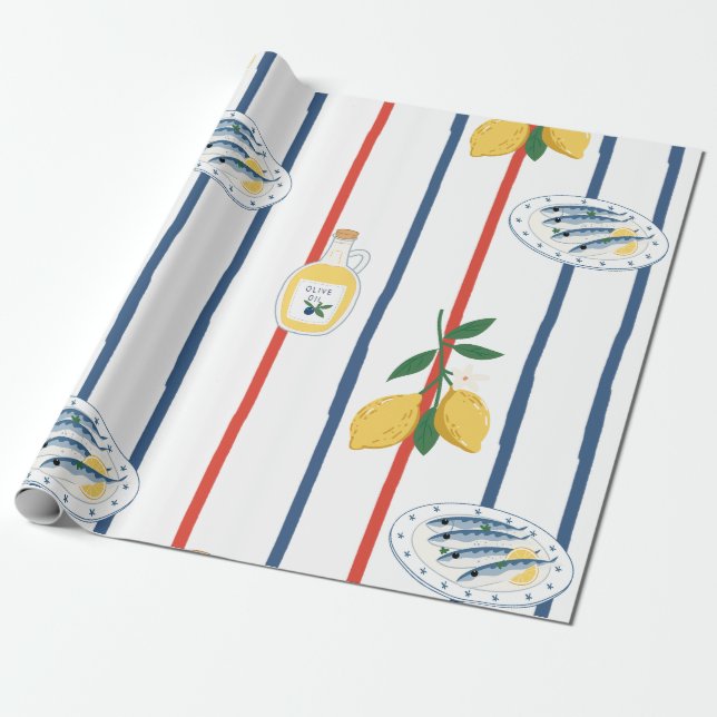 Medelhavets sardiner och citroner mönster presentpapper (Utrullad)