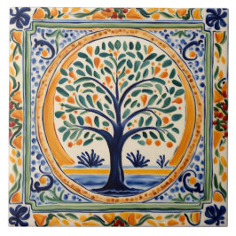 Medelhavets Träd Rustic Blue & Gult Folk Art Kakelplatta