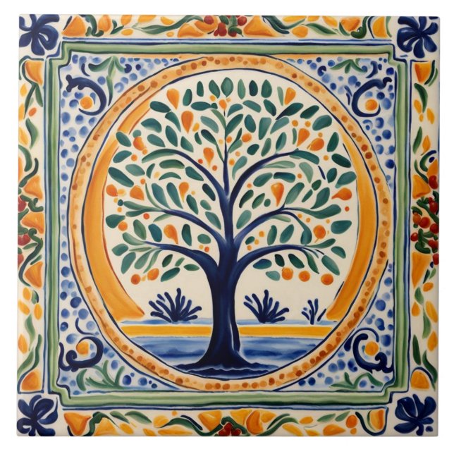 Medelhavets Träd Rustic Blue & Gult Folk Art Kakelplatta (Framsidan)