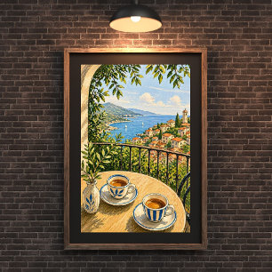 Medelhavs Balkong Kaffe Scen Målning, Kust Poster