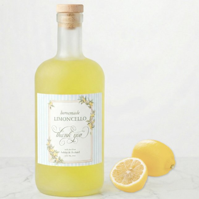 Medelhavs citron bröllop Limoncello Spritflaskor Etikett (homemade limoncello thank you coastal blue stripe Mediterranean lemon wedding favor)