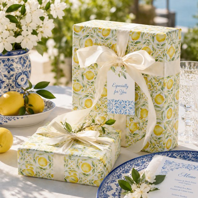 Medelhavs citron bröllopsdusch presentpapper (Mediterranean Lemon Bridal Shower Wrapping Paper)