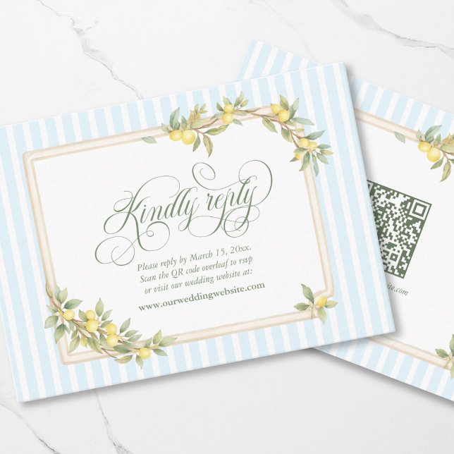 Medelhavs Citron Kustbröllop RSVP QR-kod Tilläggskort (elegant kindly reply Mediterranean lemon wedding website RSVP QR code enclosure code)