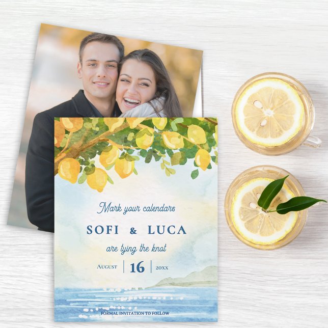 Medelhavs foto kustbröllop Spara datum (Mediterranean Lemon Grove Watercolor Photo Wedding Save the Date | Coastal Destination Wedding )