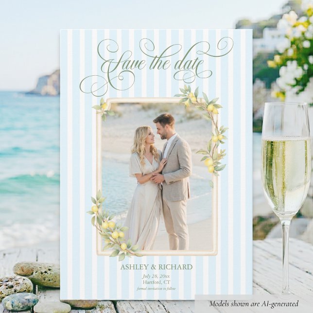 Medelhavs Lemon Kustbröllopsfoto Spara Datumet (elegant mediterranean citrus lemon coastal blue stripe couple photo wedding save the date card)