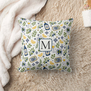 Medelhavs Oliv Vin Citron Mönster Monogram Kudde