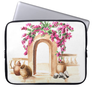 Medelhavsarkitektur, blommor, vattenfärg, h laptop fodral