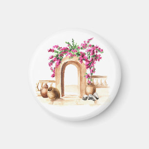 Medelhavsarkitektur, blommor, vattenfärg, h magnet