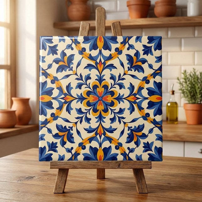 Medelhavsblå blomsterportugisisk Azulejo Kakelplatta (Skapare uppladdad)