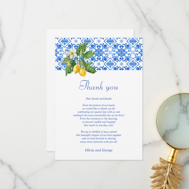 Medelhavsblå brickor bröllop tackkort tack kort (Fram/Back In Situ)