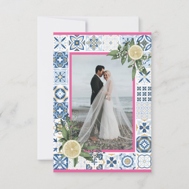 Medelhavsblå brickor Rosa Lemon-fotokort Inbjudningar (Framsida)