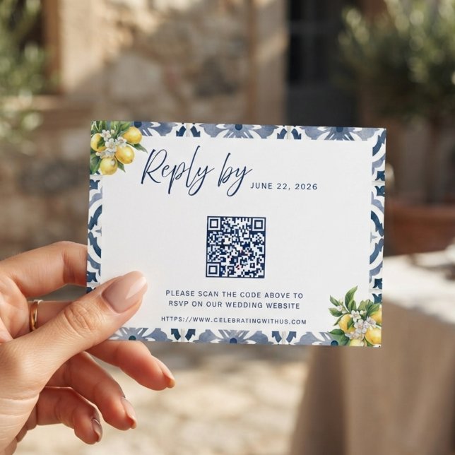 Medelhavsblå Citron QR-kod Bröllopsanmälan OSA Kort (Skapare uppladdad)